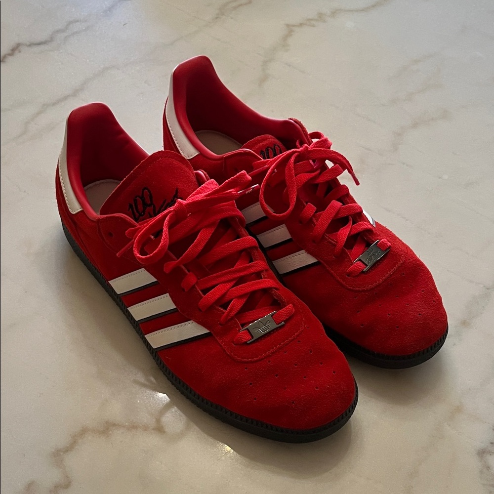Adidas Bold Red Sneakers with White Stripes 100 Thieves shoes worn
